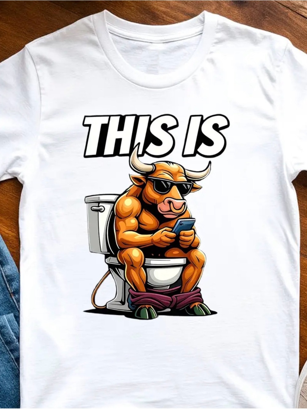 White Graphic Tee with 'This Is' Bull Cartoon